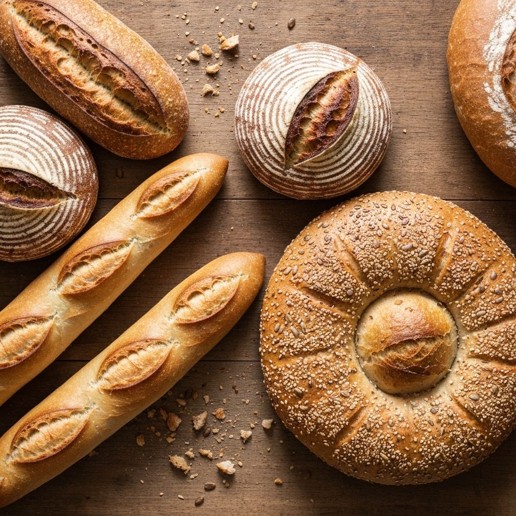 Assorted rustic breads on wooden surface