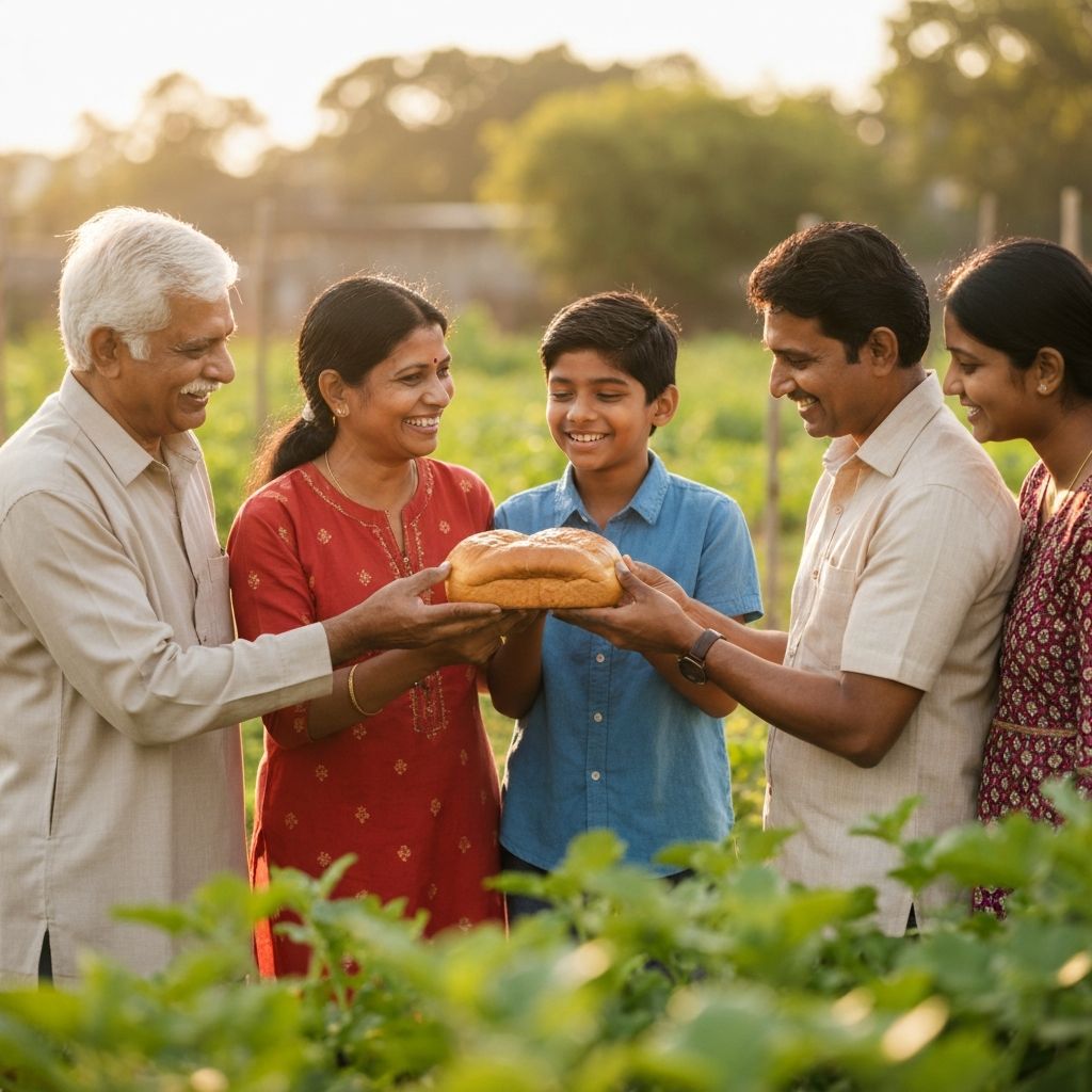 Family enjoying bread outdoors in community setting