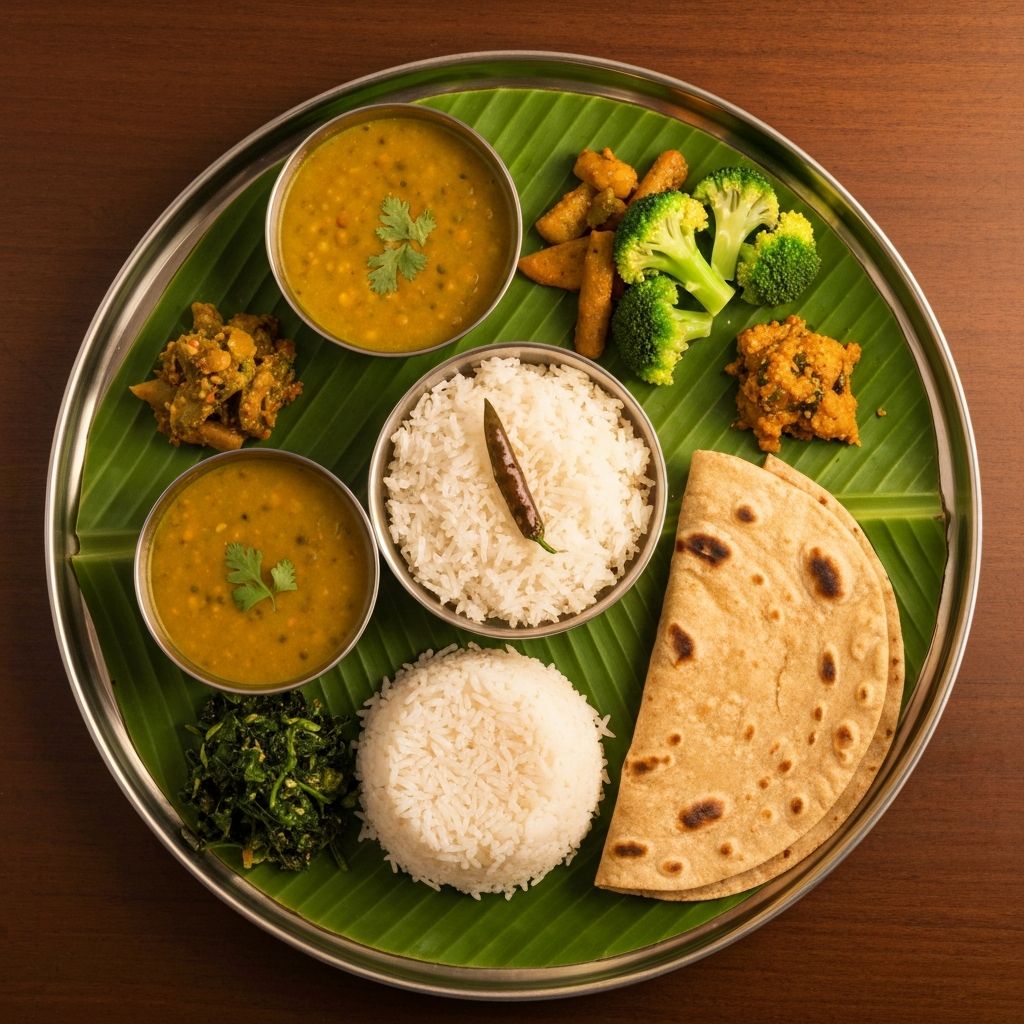 Overhead view of a satvik meal spread